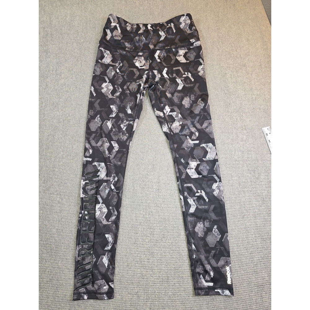 Reebok Women Black Gray Geometric Abstract Active Wear Leggings Size M Leg Logo